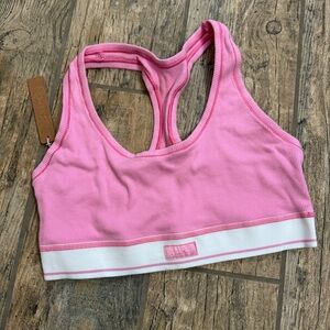 SKIMS Pink and White Ribbed Sports Bra